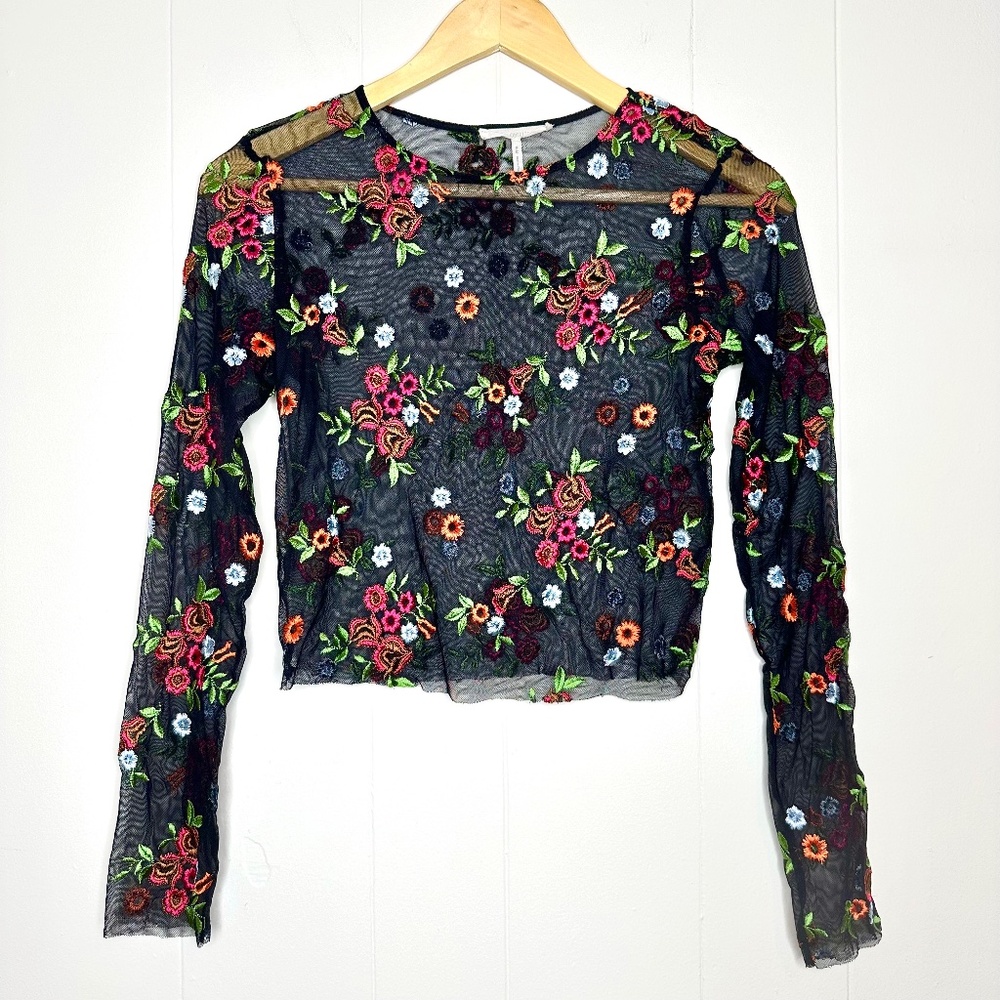 Y2K Urban Outfitters Black Mesh Crop Top with Embroidery, Women’s size M